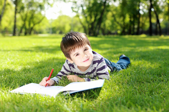 一個男孩在公園里拿著一本書的肖像