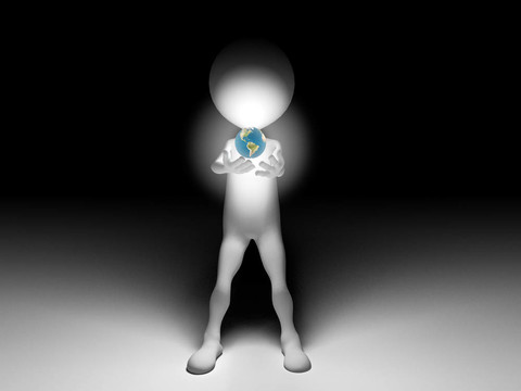 3D男人在夜晚抱著世界