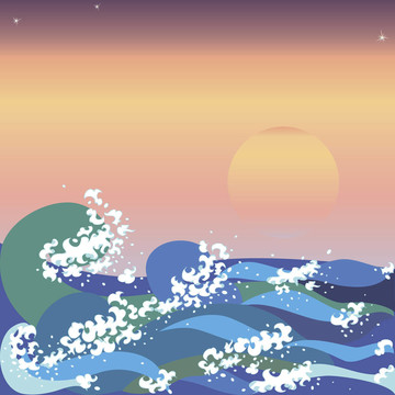 日本的日落和海浪