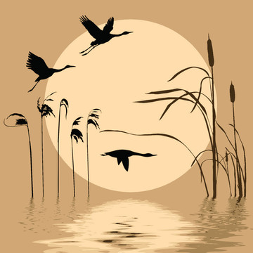 在背景太陽上畫飛鳥