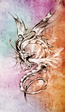 紋身藝術素描；時尚的彩色插圖