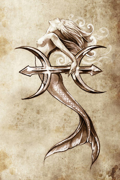 紋身藝術(shù)；美人魚(yú)素描；雙魚(yú)座復(fù)古風(fēng)格