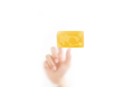 用手指壓著信用卡；在白色背景上孤立。
