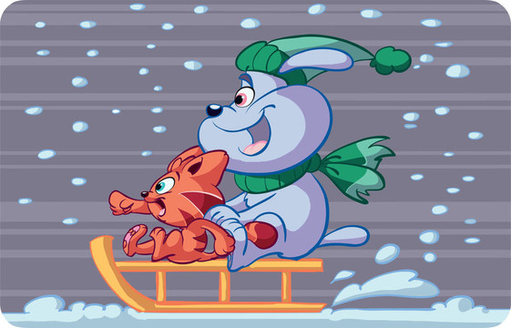貓和狗在雪中玩雪橇
