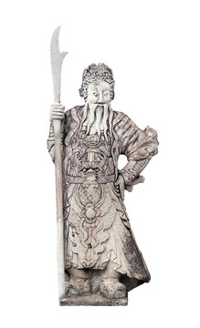 中國古代戰(zhàn)士的雕塑在Wat Pho白色隔離；