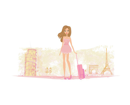 帶行李的美女旅行女孩