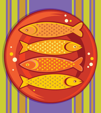 紅盤子上的四條魚