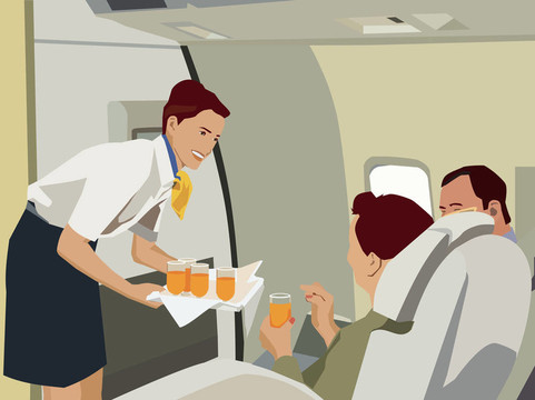 空中服務(wù)員為飛機(jī)上的乘客提供飲料