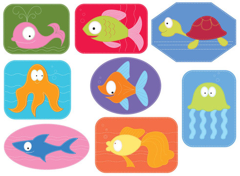 漫畫水動物嵌花織物。白矢魚