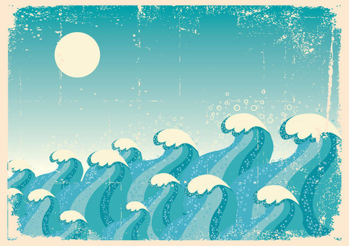 藍(lán)色波浪.老式紙上的海洋背景圖片