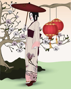 藝妓走在東方花園