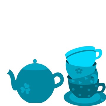 藍(lán)茶壺和四杯盤子
