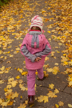 粉紅色的衣服的小女孩在秋天的公園徒步獨行