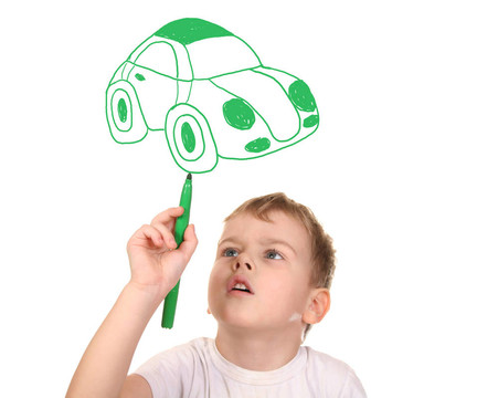 孩子畫他的車；拼貼