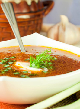 Borsch；從甜菜、白菜番茄湯。洋蔥大蒜
