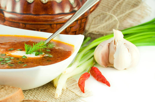 Borsch；從甜菜、白菜番茄湯。洋蔥大蒜