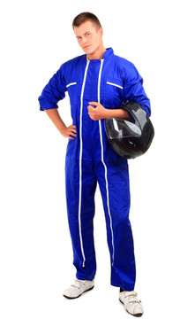 藍(lán)色工作服與黑色頭盔的摩托車