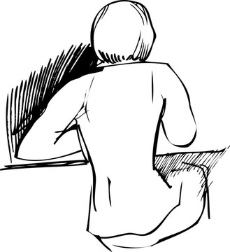 女孩坐在桌子背對著我們