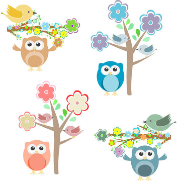 開花的樹枝和貓頭鷹和鳥