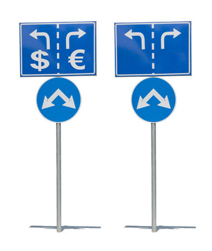十字路口路標(biāo)；兩箭頭。