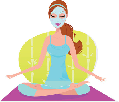美麗的女人用面膜坐在瑜伽墊和meditat