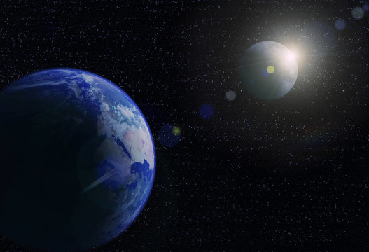 行星地球；月亮和太陽?？臻g的日出