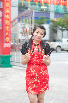 新年快樂-美麗的亞洲女人