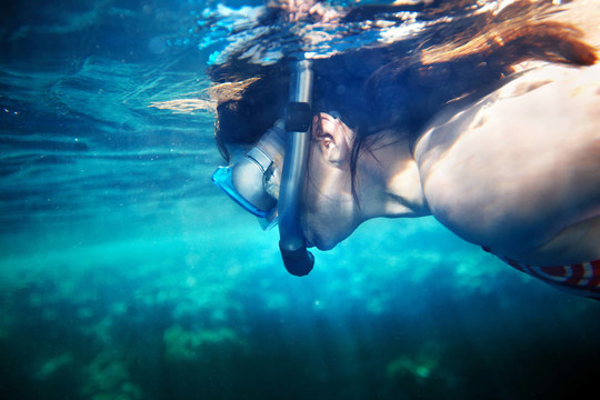 水里的女人和珊瑚魚。