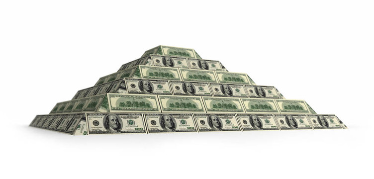 美元金融金字塔；三維渲染孤立于白色與景深