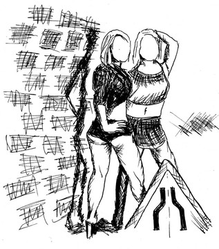 兩個(gè)女孩靠近墻
