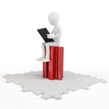 3D人坐在拼圖與平板電腦