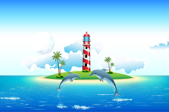 海豚和燈塔的海景