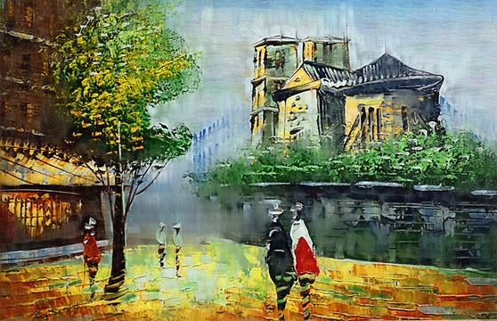 油畫 歐洲小鎮(zhèn)