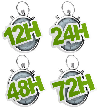 12h；24h；48h；72h貼在一個灰色的秒表；圖像孤立在白色背景