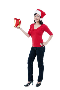 可愛的圣誕婦女舉行禮品盒