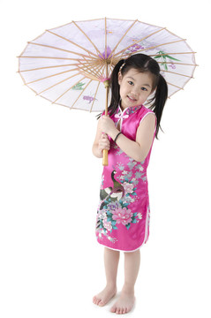 在中國的傳統(tǒng)服飾旗袍與東方女孩的小雨傘