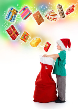 小男孩打開(kāi)Santa包與精彩禮物
