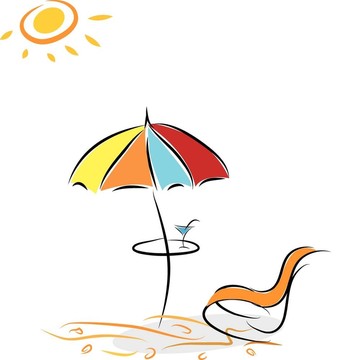 帶雞尾酒的沙灘椅和雨傘。插畫