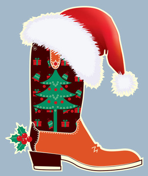 牛仔圣誕卡與靴子和Santa的紅帽