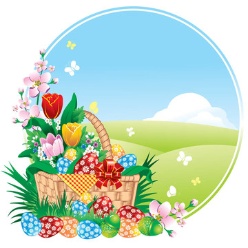 復(fù)活節(jié)旗幟與春天的鮮花和彩蛋畫(huà)