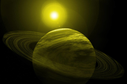 有戒指的黃色行星；星星和太陽