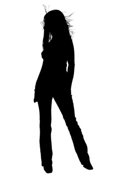 剪影在白色與剪輯路徑。美麗的年輕女子吹風(fēng)。