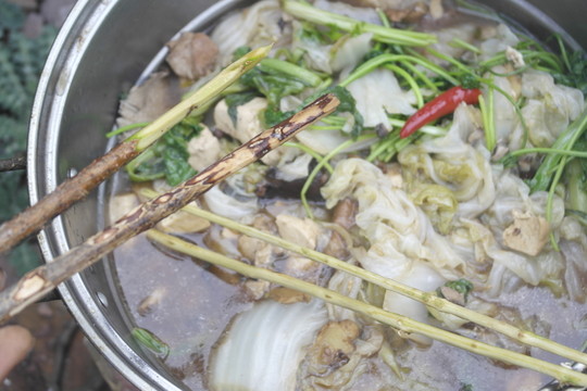 野餐大鍋菜樹枝筷子