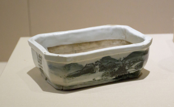 墨綠彩山水紋水仙盆