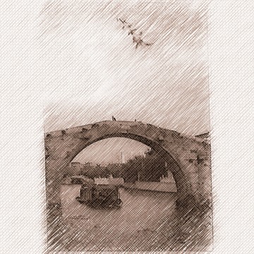江南水鄉(xiāng) 石拱橋 水墨油畫(huà)