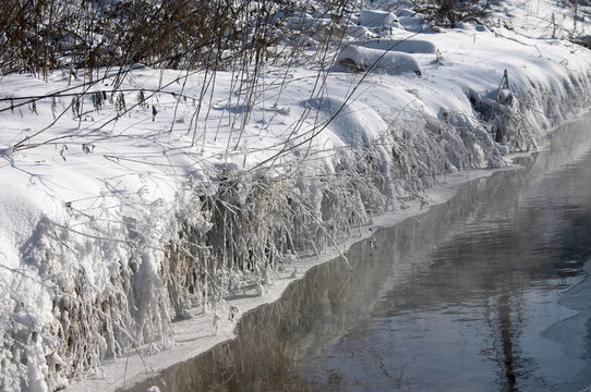 小溪的白雪覆蓋的河岸