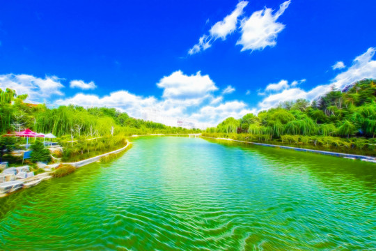 碧水藍(lán)天風(fēng)景畫