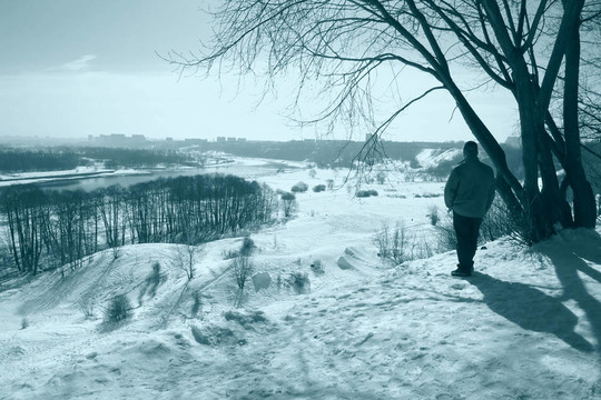 在晴朗的冬日冬日公園散步