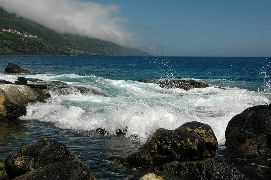 海；沖浪；波浪；石頭；噴霧