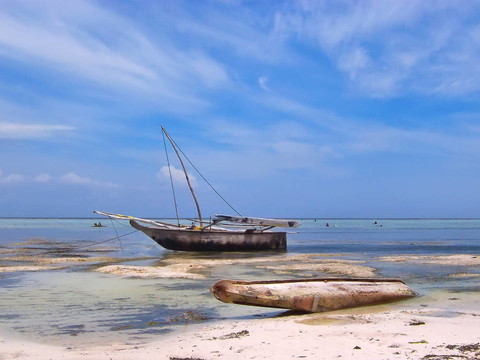 熱帶海灘上的非洲船；桑給巴爾；坦桑尼亞
